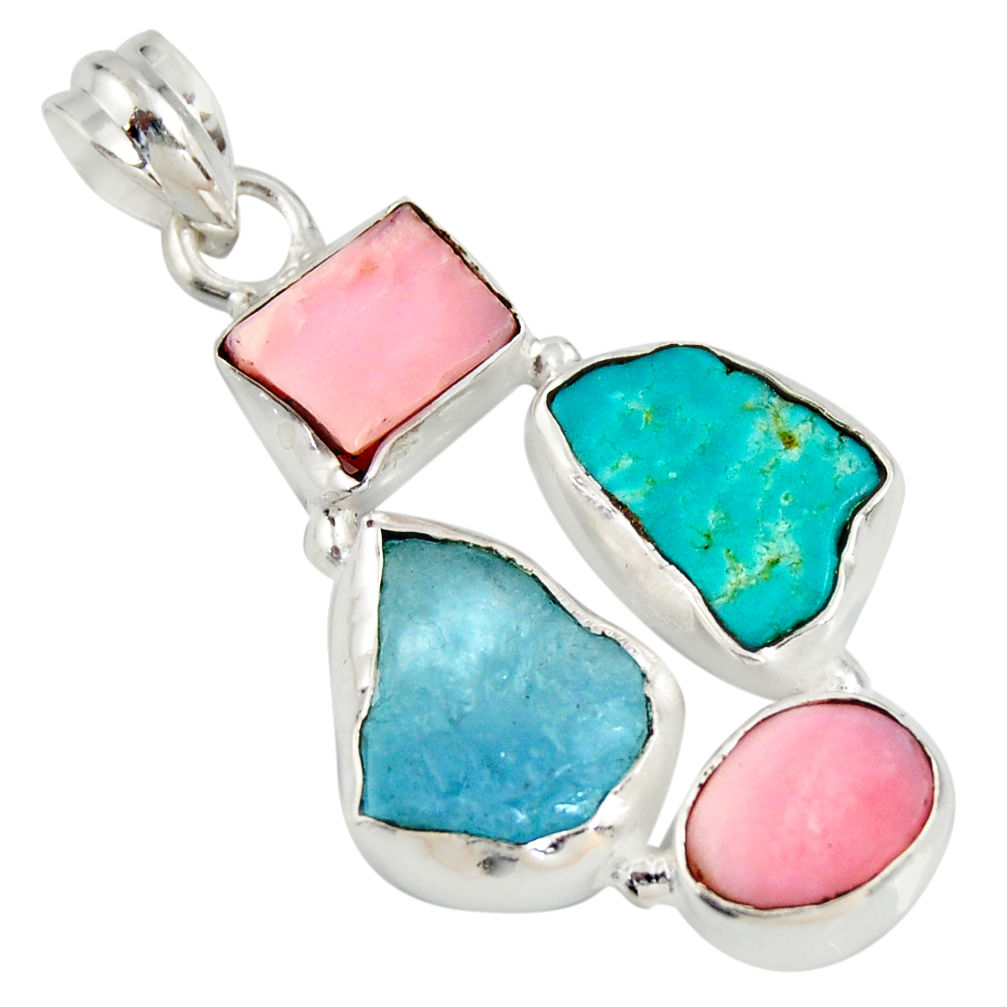 925 silver 15.55cts turquoise aqua aquamarine rough pink opal pendant r26869