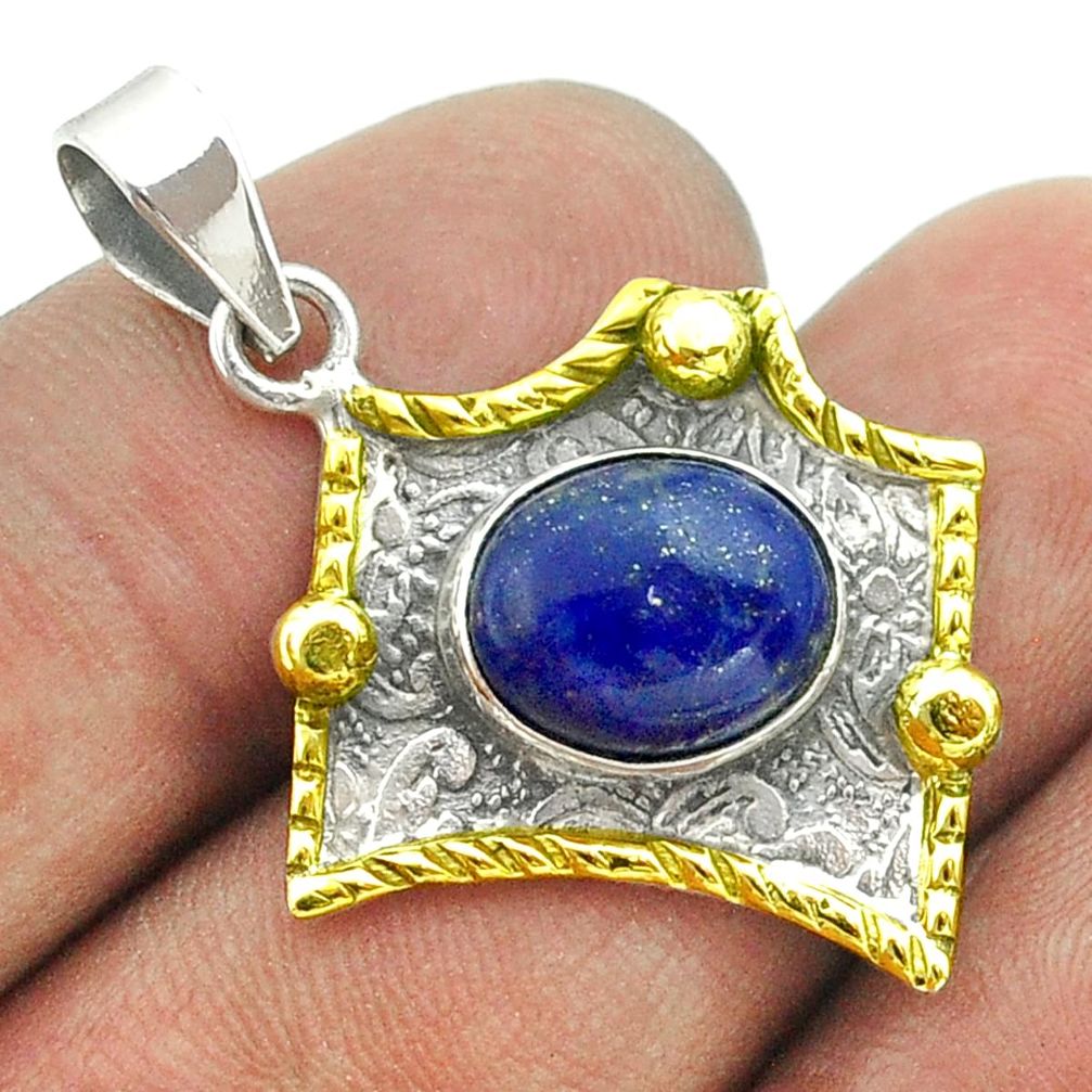 925 silver 5.16cts victorian natural blue lapis lazuli two tone pendant t55737