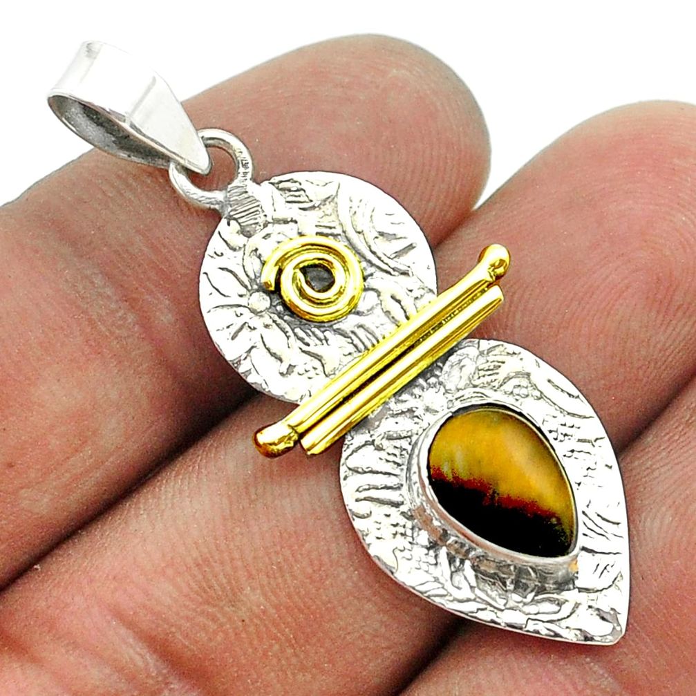 925 silver 2.42cts victorian natural brown tiger's eye two tone pendant t55740