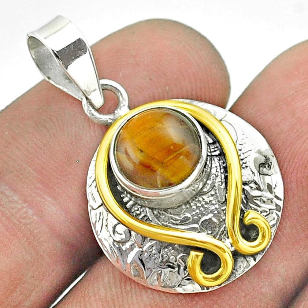 925 silver 3.26cts victorian natural brown tiger's eye two tone pendant t55775