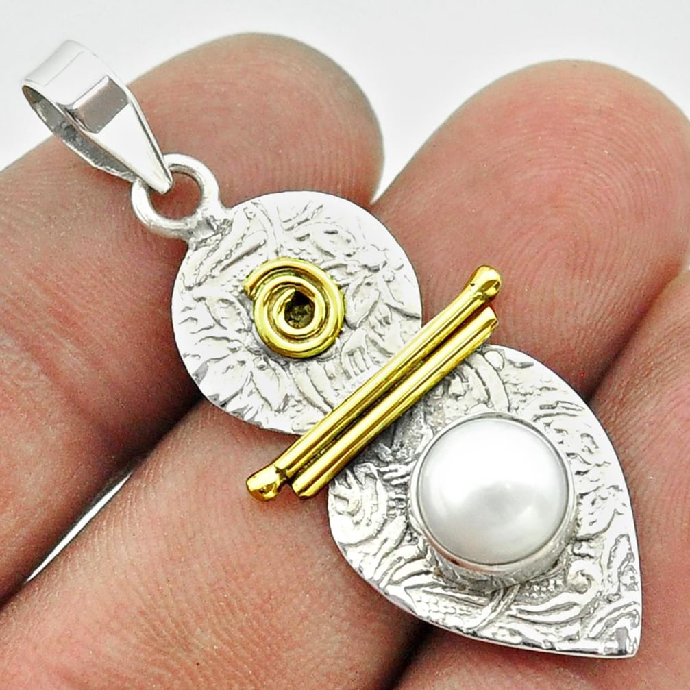 925 silver 3.02cts victorian natural white pearl round two tone pendant t55727