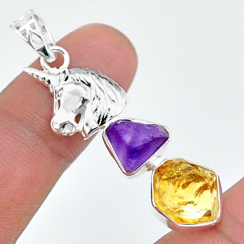 925 silver 10.85cts yellow citrine rough amethyst raw unicorn pendant t33663