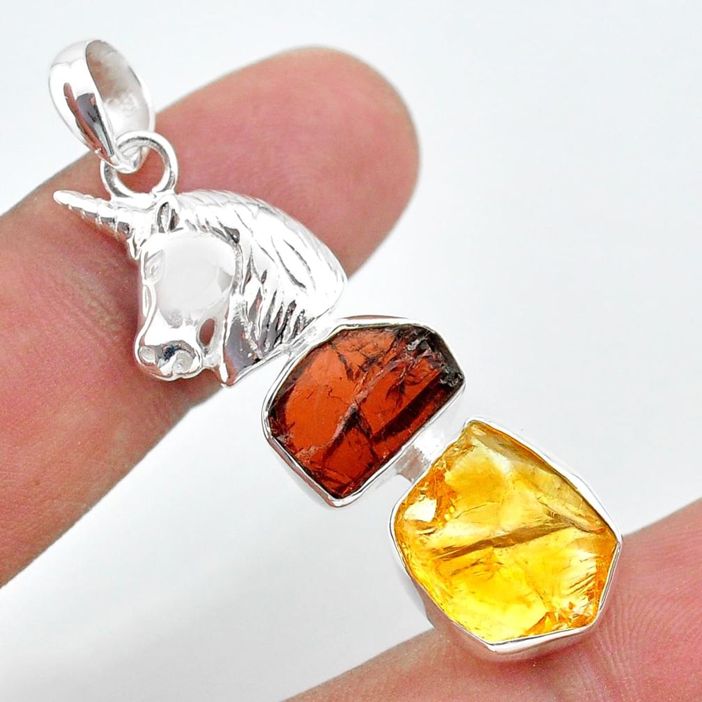 925 silver 11.61cts yellow citrine rough red garnet raw unicorn pendant t33690