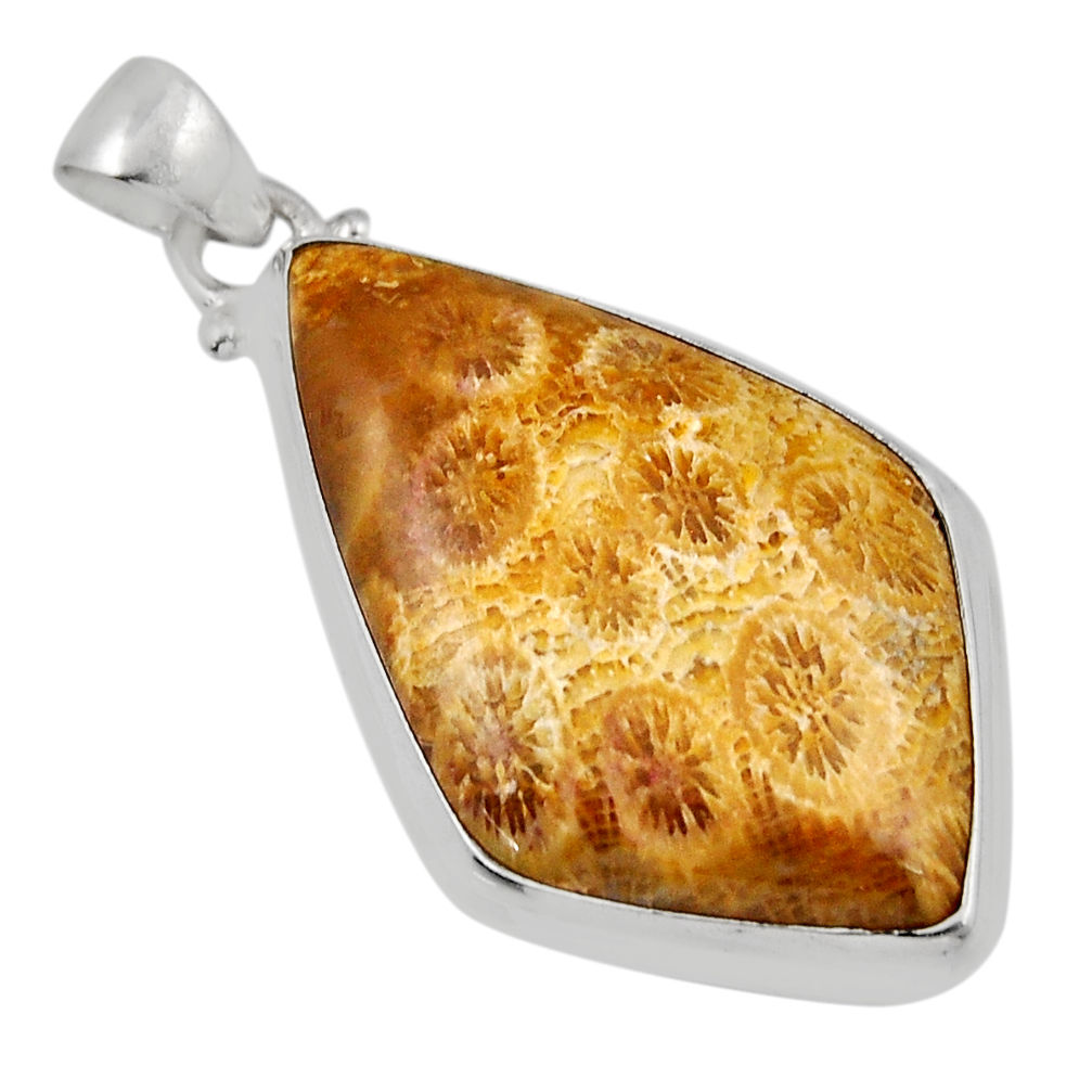 925 silver 22.41cts yellow fossil coral (agatized) petoskey stone pendant y47628