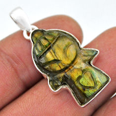 925 silver 14.09cts yellow labradorite spectrolite carving angel pendant n45285