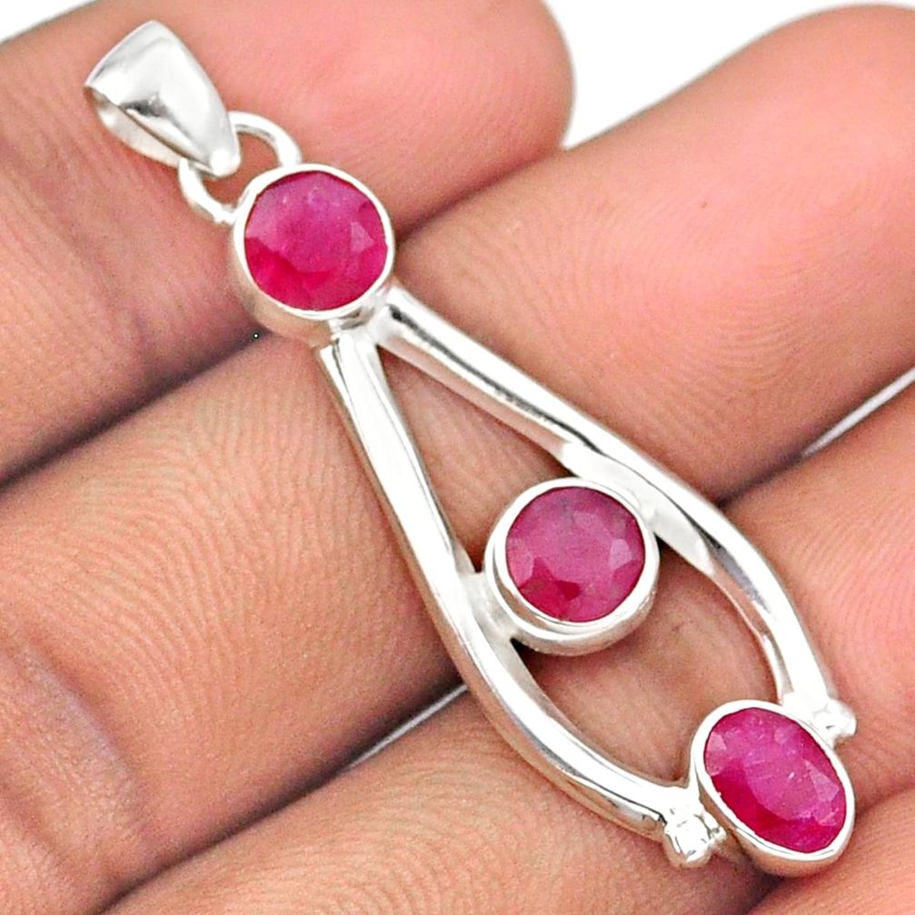 925 sterling silver 4.12cts 3 stone natural red ruby round pendant jewelry u8267