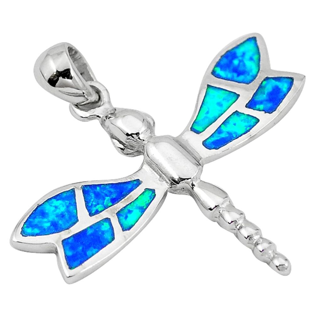 925 sterling silver blue australian opal (lab) dragonfly pendant c15697