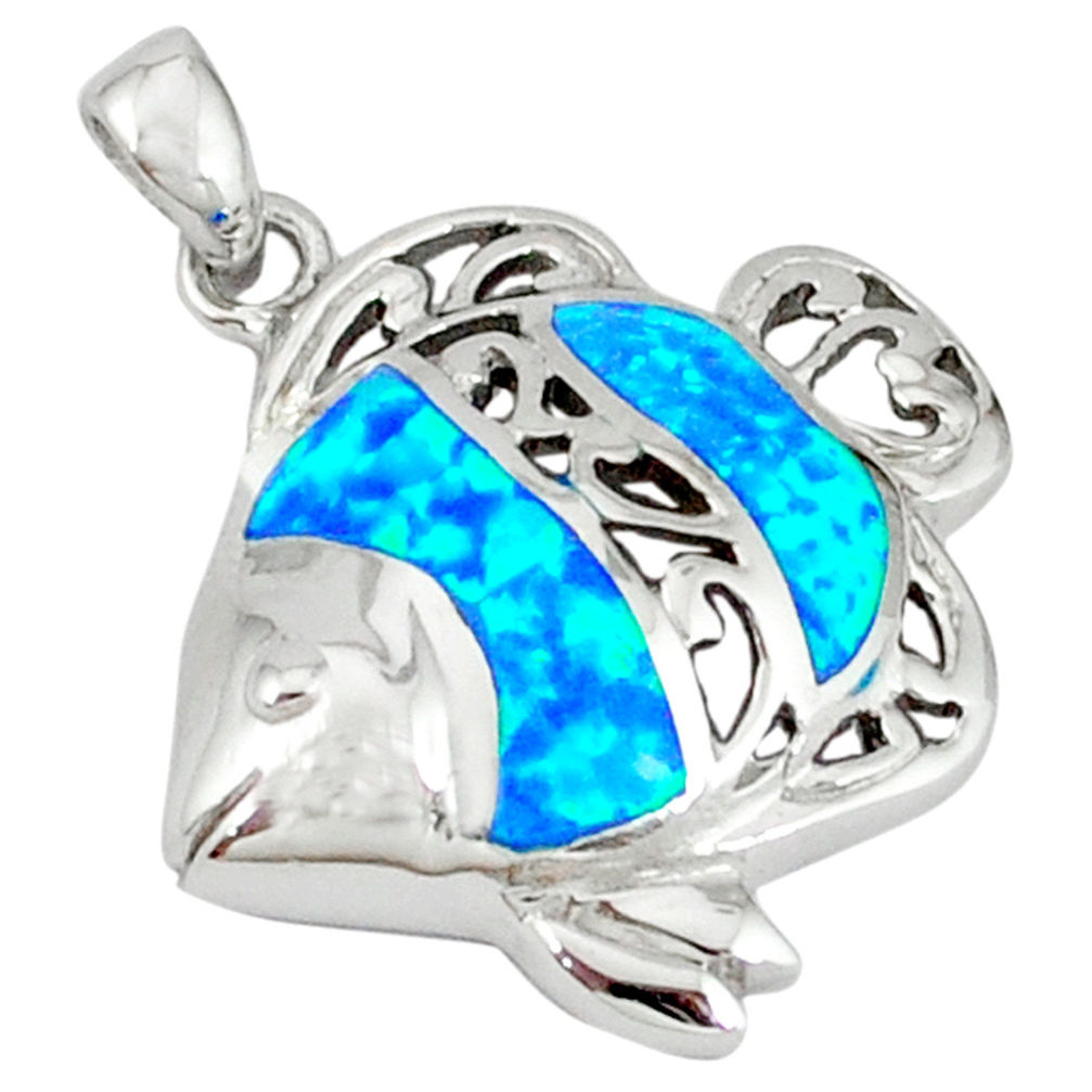 925 sterling silver blue australian opal (lab) enamel fish pendant c15717