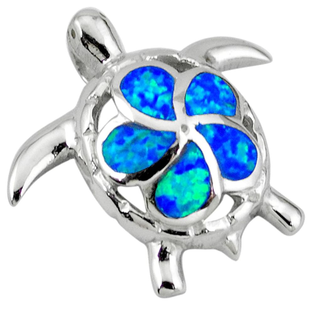 925 sterling silver blue australian opal (lab) turtle pendant jewelry c15679