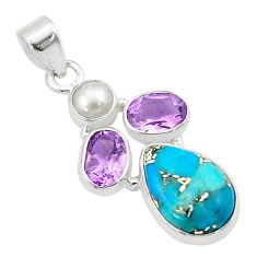 925 sterling silver 7.04cts blue copper turquoise amethyst pearl pendant u31845
