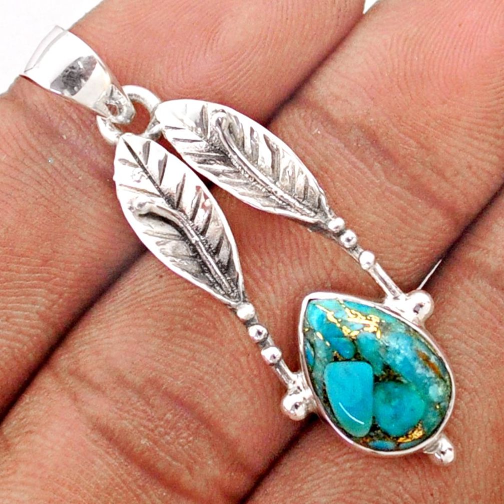 925 sterling silver 5.02cts blue copper turquoise deltoid leaf pendant t79972