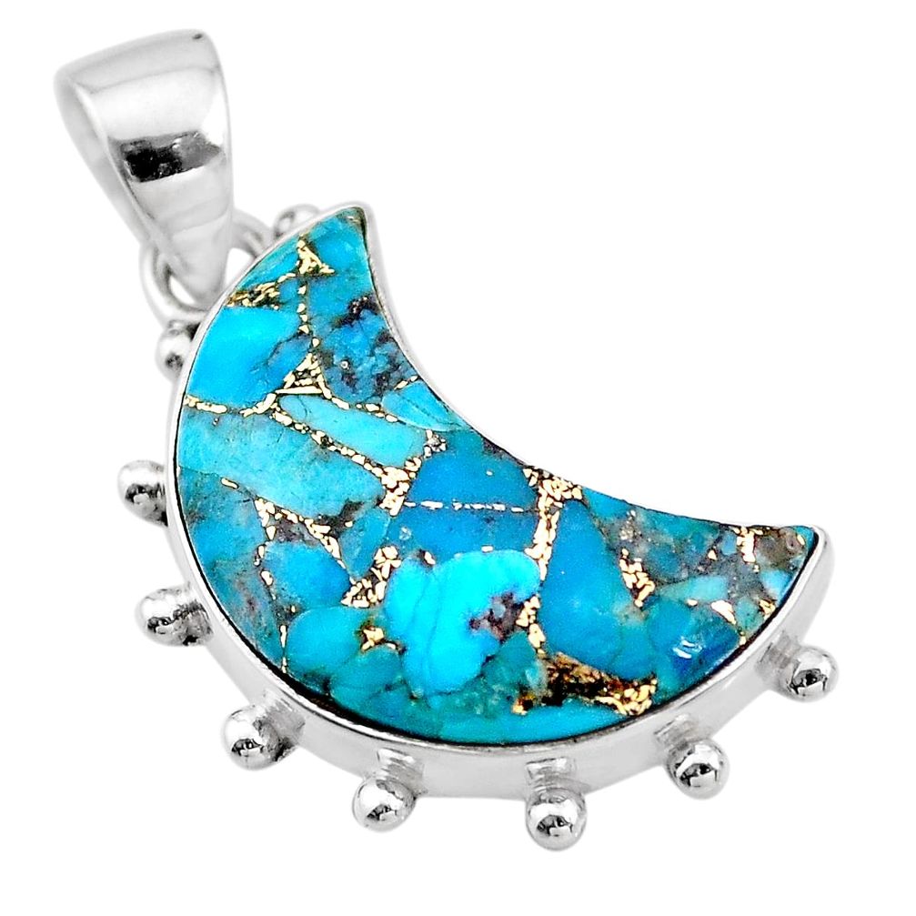 925 sterling silver 10.72cts blue copper turquoise fancy moon pendant t21884