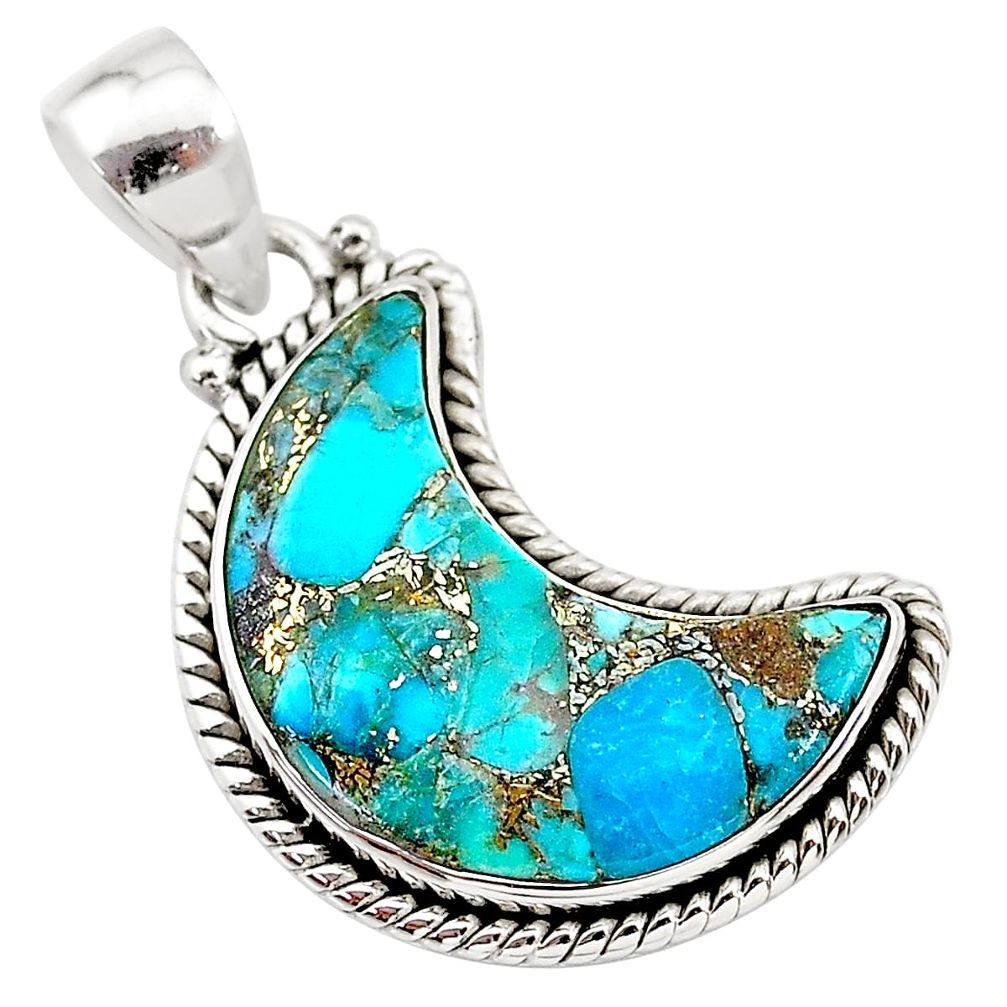 925 sterling silver 11.73cts blue copper turquoise fancy moon pendant t21980