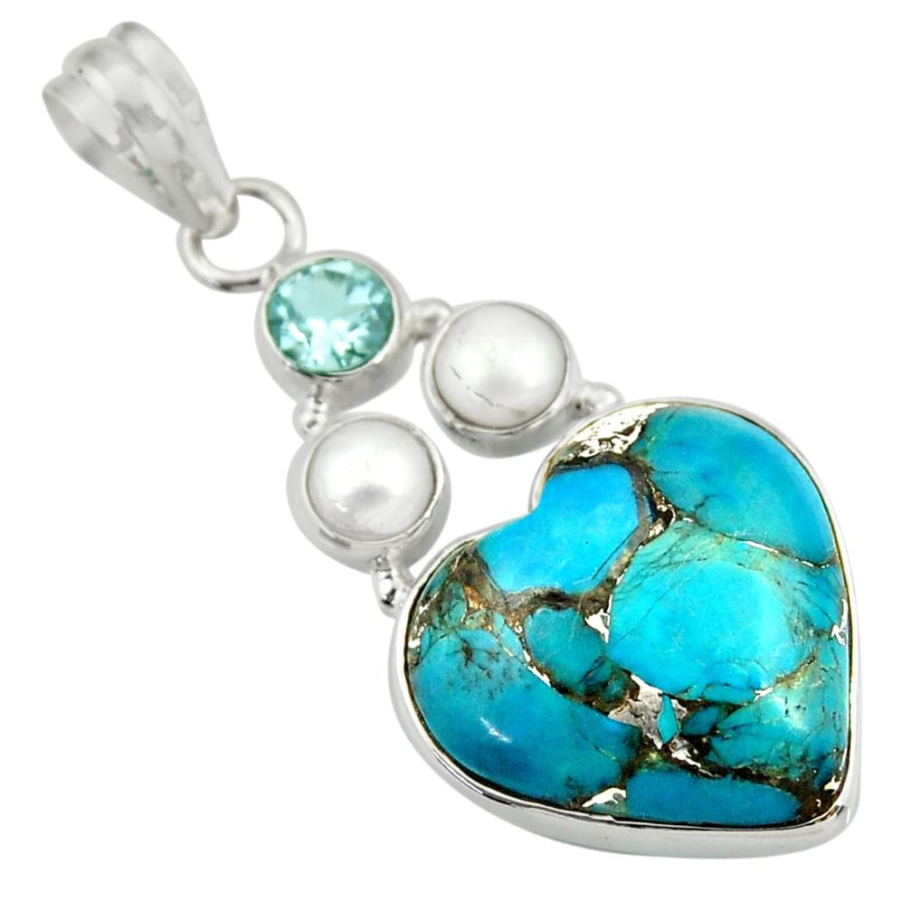 925 sterling silver 13.85cts blue copper turquoise heart topaz pendant d41735