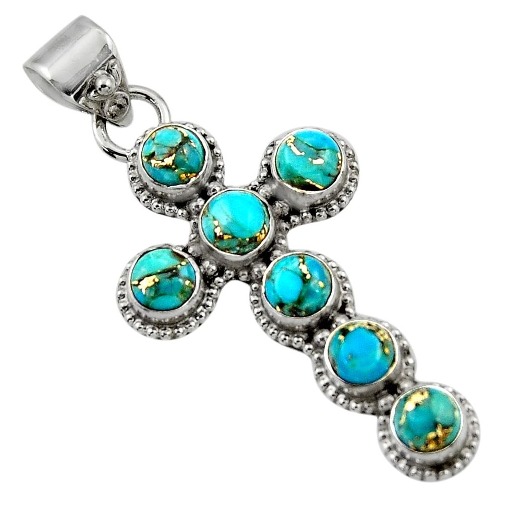 925 sterling silver 6.48cts blue copper turquoise holy cross pendant r48028