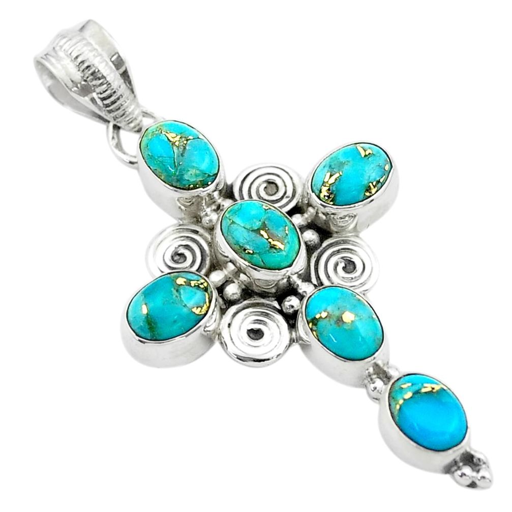 925 sterling silver 8.42cts blue copper turquoise holy cross pendant t53059