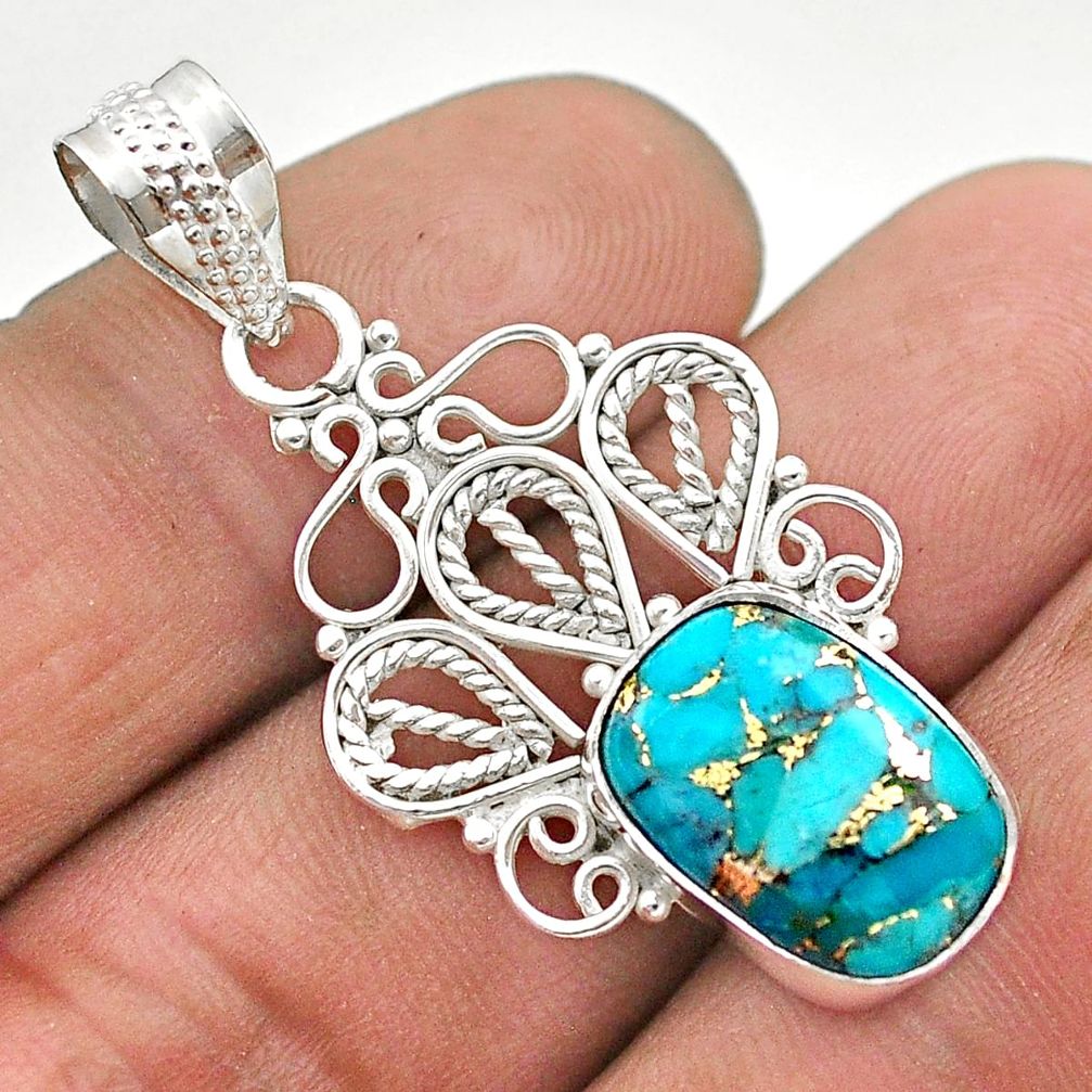 925 sterling silver 5.64cts blue copper turquoise octagan pendant t68353