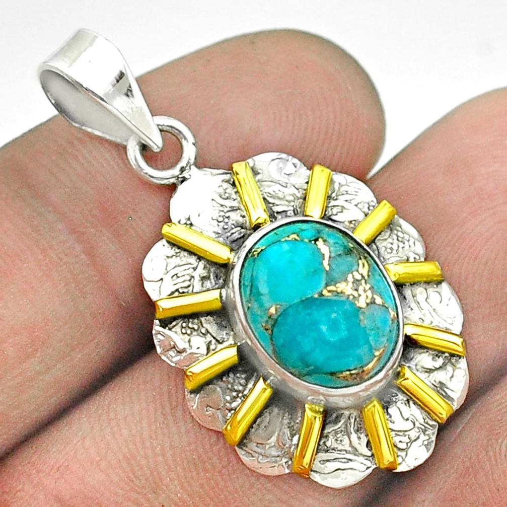 925 sterling silver 5.16cts blue copper turquoise oval 14k gold pendant t55694