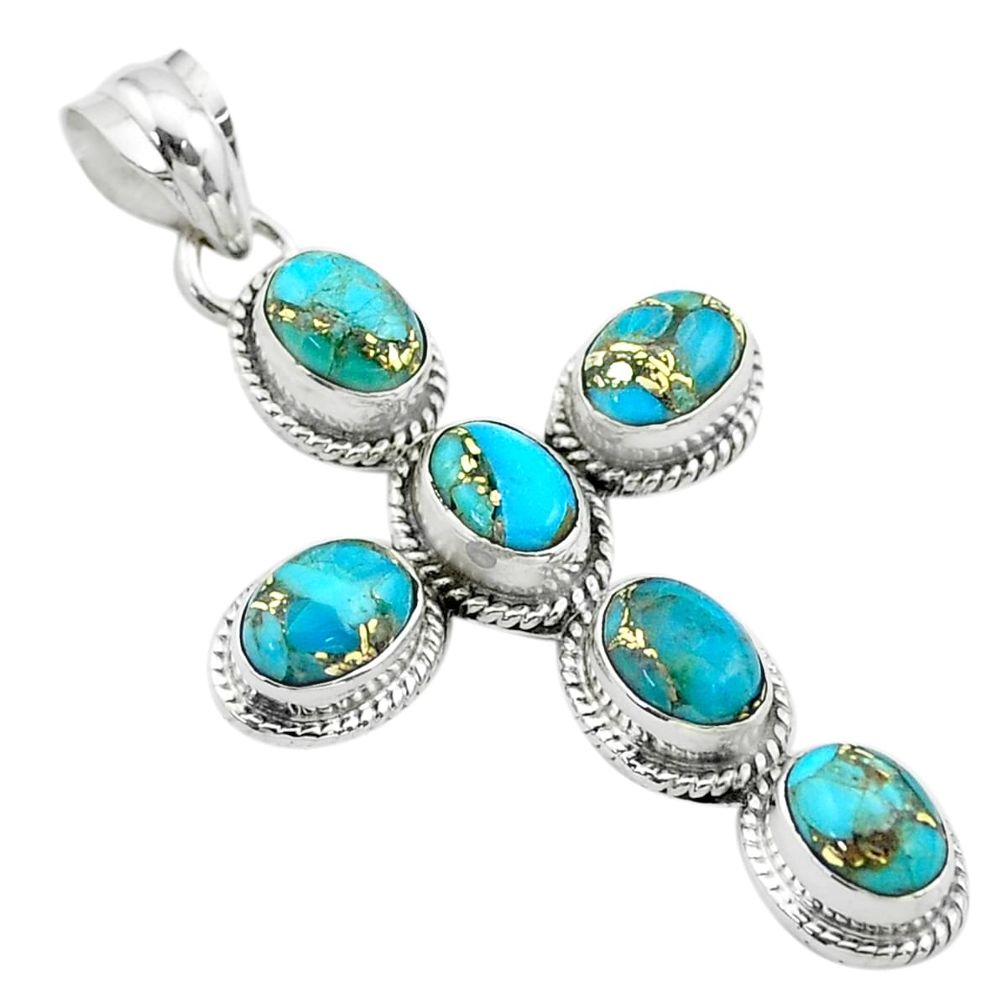 925 sterling silver 9.85cts blue copper turquoise oval holy cross pendant t53068