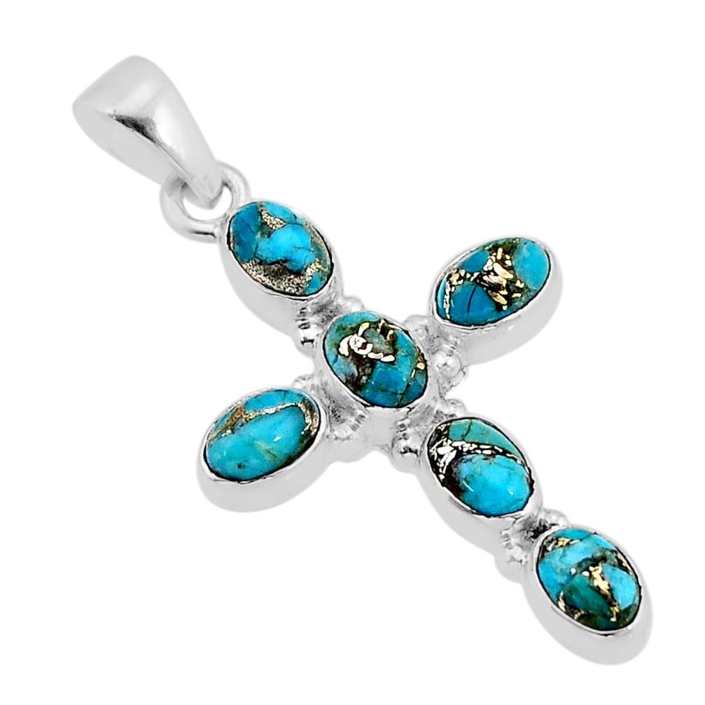 925 sterling silver 5.81cts blue copper turquoise oval holy cross pendant y71231