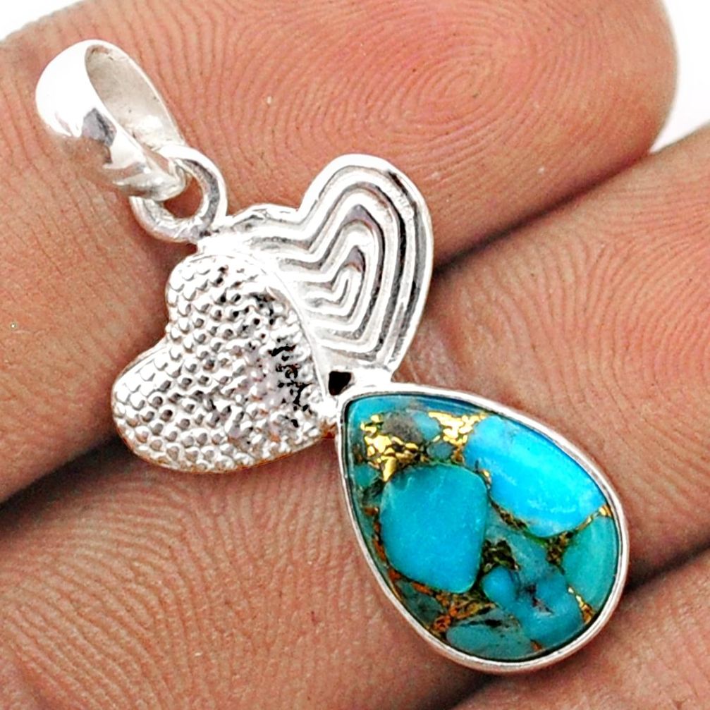 925 sterling silver 4.93cts blue copper turquoise pear seahorse pendant t82780