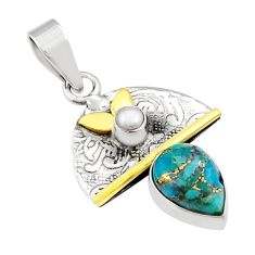 925 sterling silver 2.92cts blue copper turquoise pearl gold pendant y26223