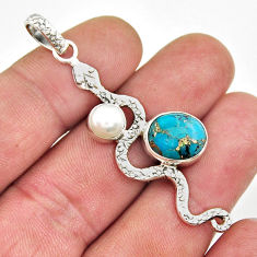 925 sterling silver 5.60cts blue copper turquoise pearl snake pendant y26177