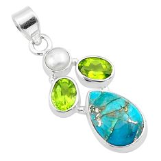 925 sterling silver 8.21cts blue copper turquoise peridot pearl pendant u31866