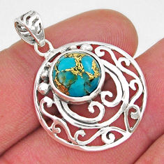925 sterling silver 4.63cts blue copper turquoise round pendant jewelry y19573