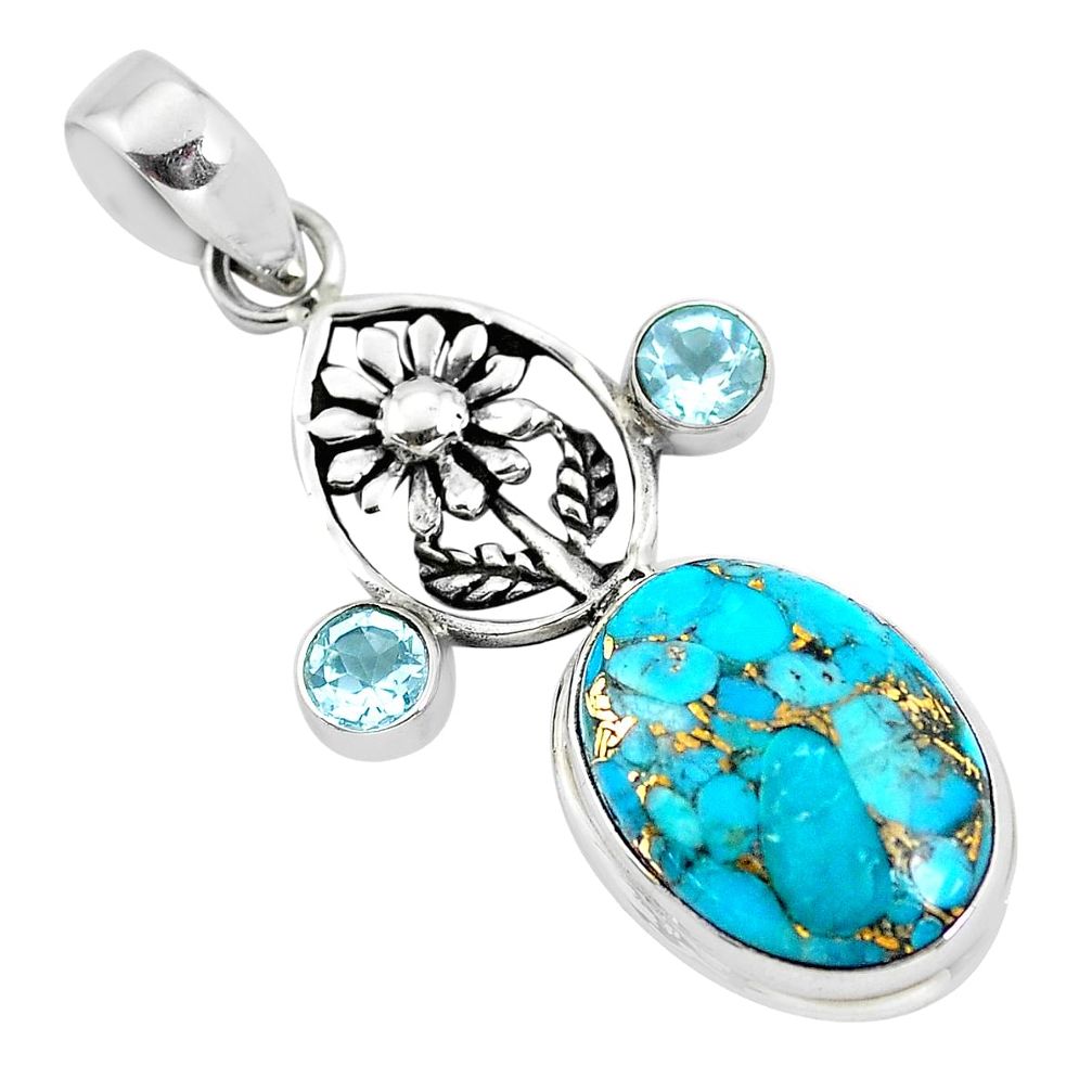 925 sterling silver 14.53cts blue copper turquoise topaz flower pendant p56767