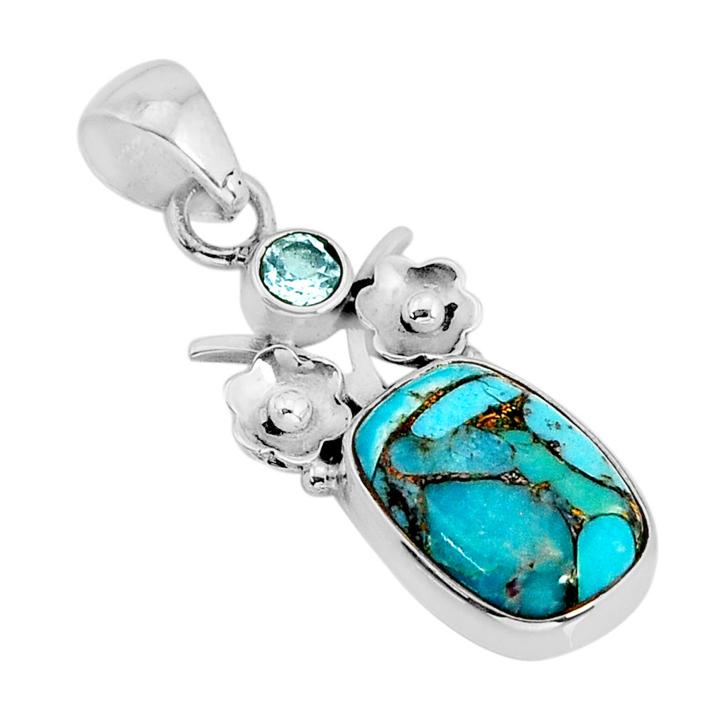 925 sterling silver 5.96cts blue copper turquoise topaz flower pendant y73676