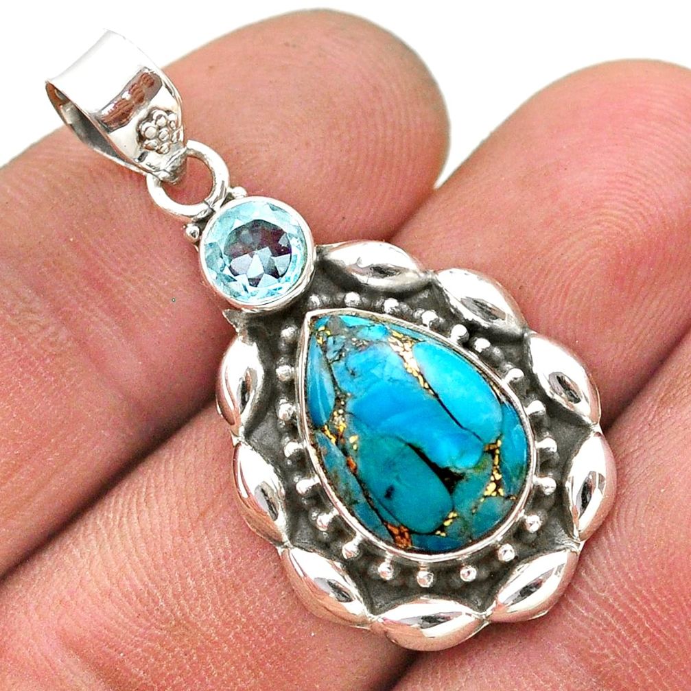 925 sterling silver 6.55cts blue copper turquoise topaz pendant jewelry t74991