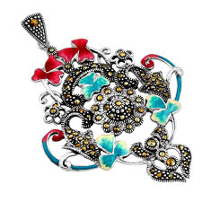 925 sterling silver 10.62gms blue pink enamel marcasite brooch pendant n20194