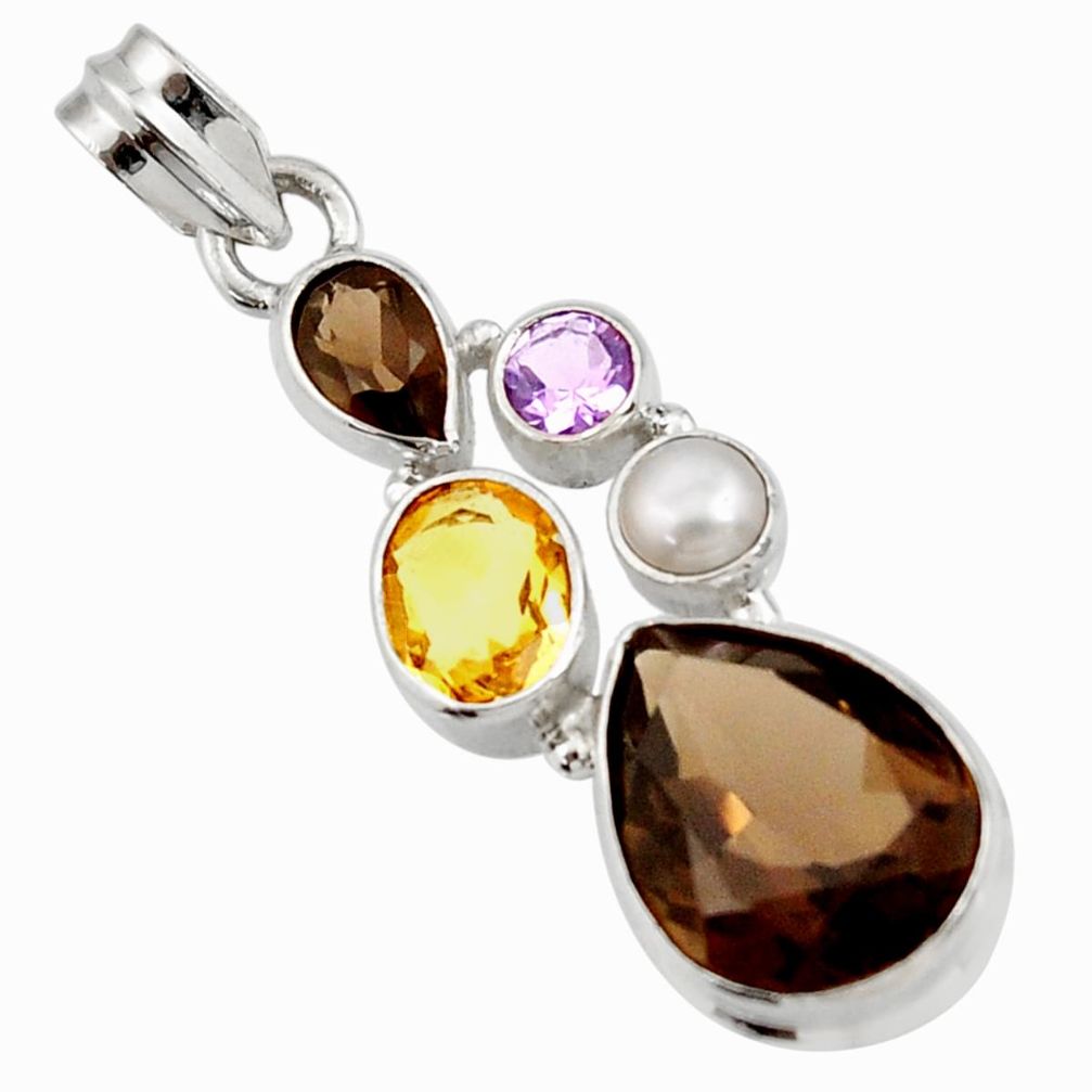 925 sterling silver 16.20cts brown smoky topaz amethyst pearl pendant d42998