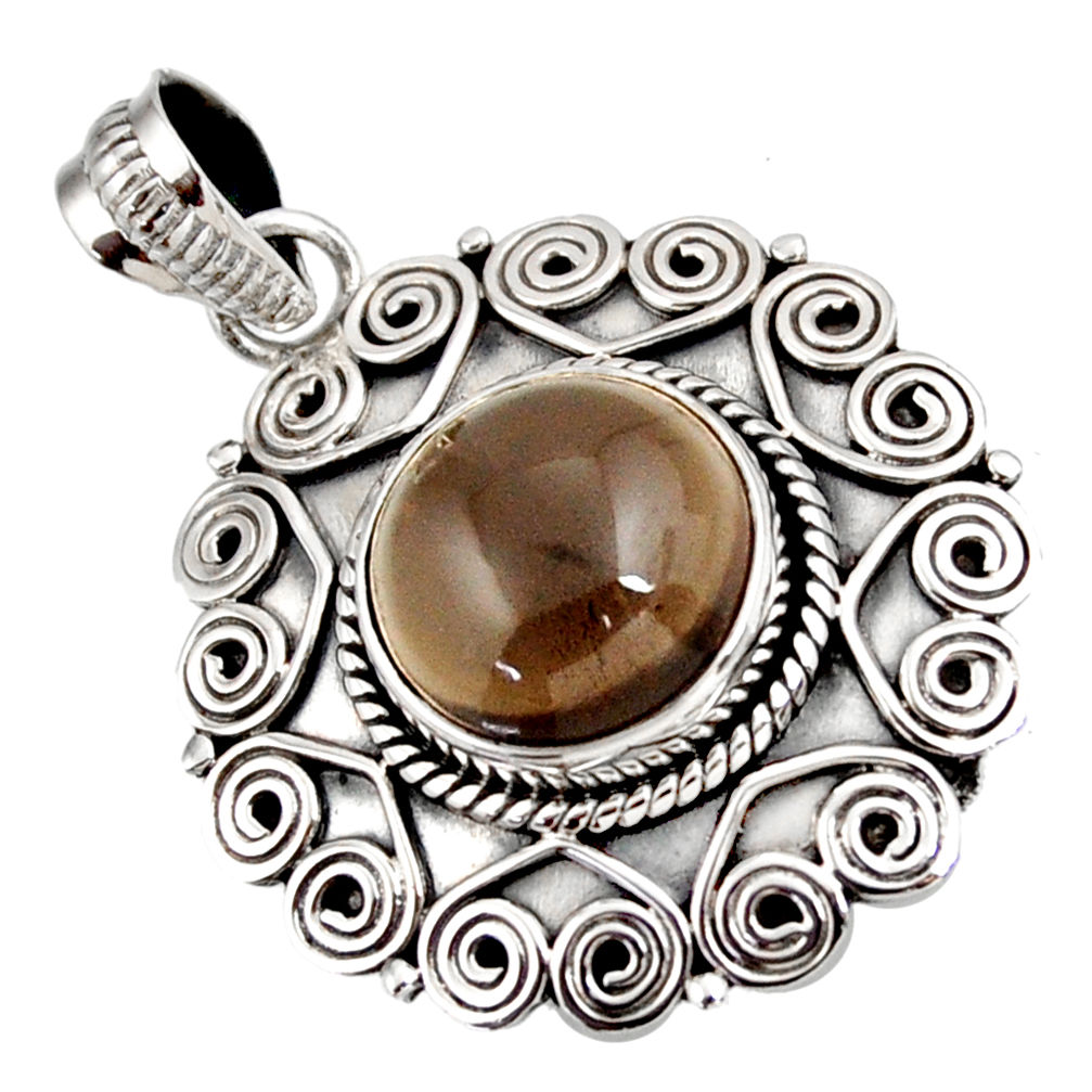 925 sterling silver 6.89cts brown smoky topaz round pendant jewelry d39137