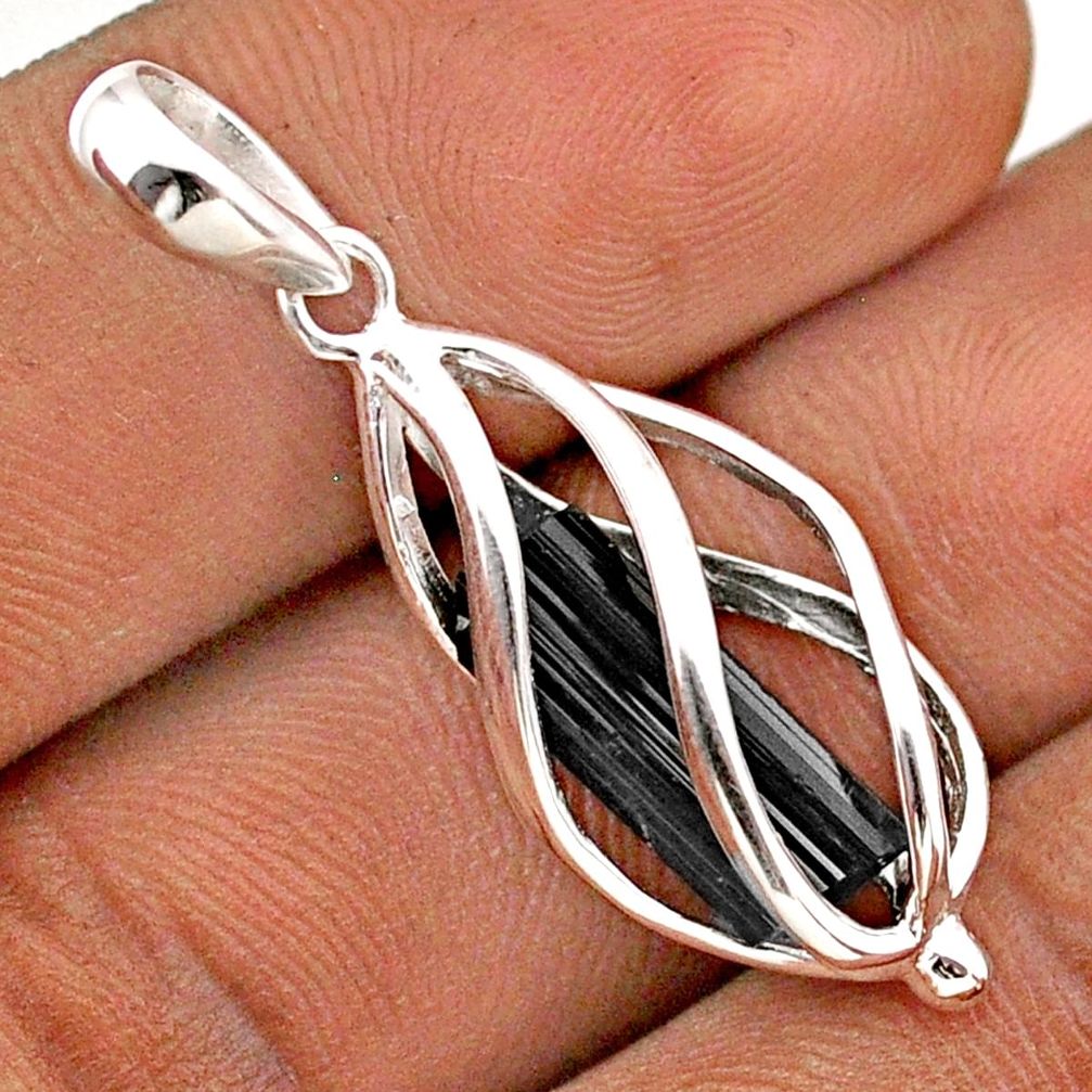 925 sterling silver 6.04cts cage natural black tourmaline rough cage pendant t89796