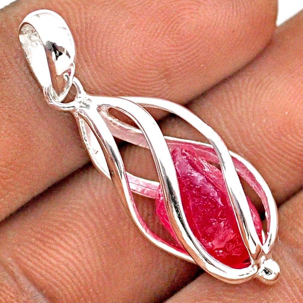 925 sterling silver 6.38cts cage natural pink ruby rough fancy cage pendant t89849