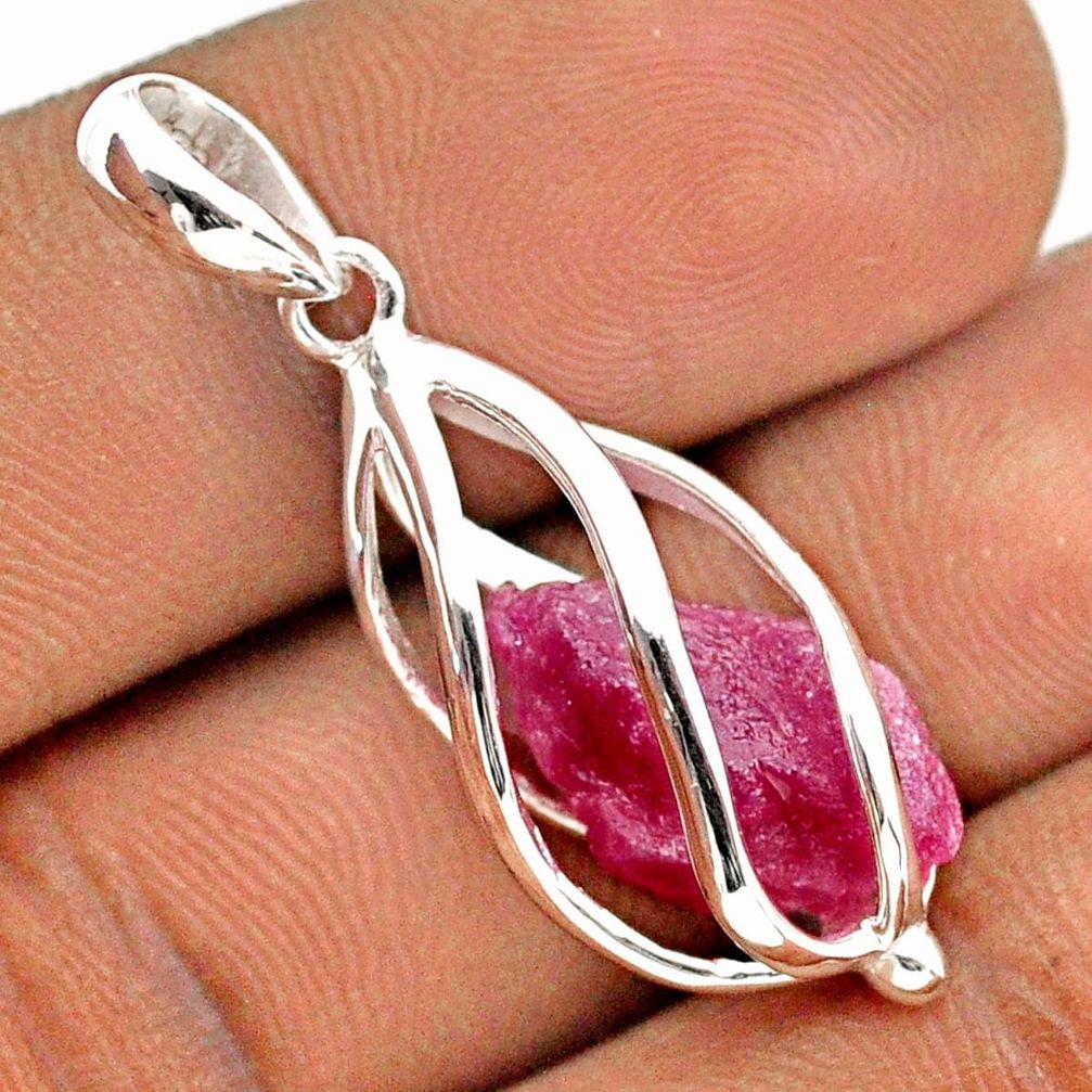 925 sterling silver 6.38cts cage natural pink ruby rough fancy cage pendant t89860