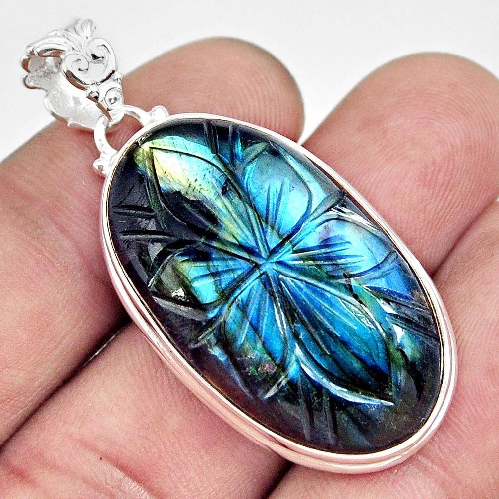 925 sterling silver 31.53cts carving natural blue labradorite pendant r29024