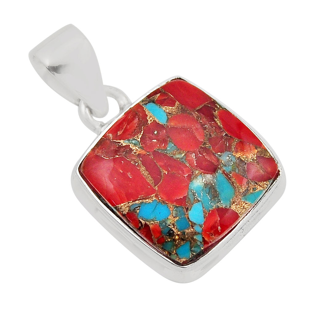 925 sterling silver 10.28cts coral matrix turquoise cushion pendant y94975