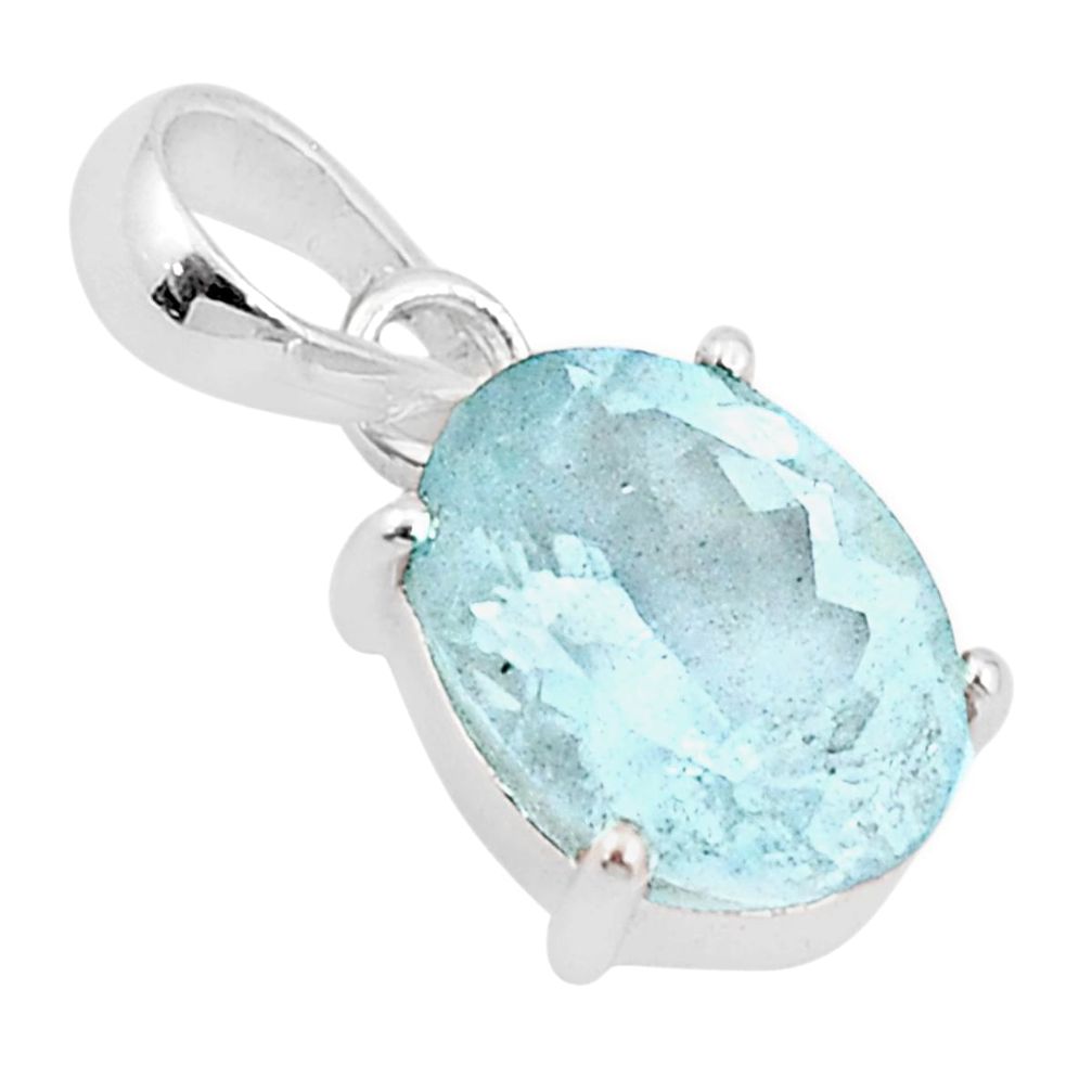 925 sterling silver 4.60cts faceted blue aquamarine oval pendant jewelry u25795