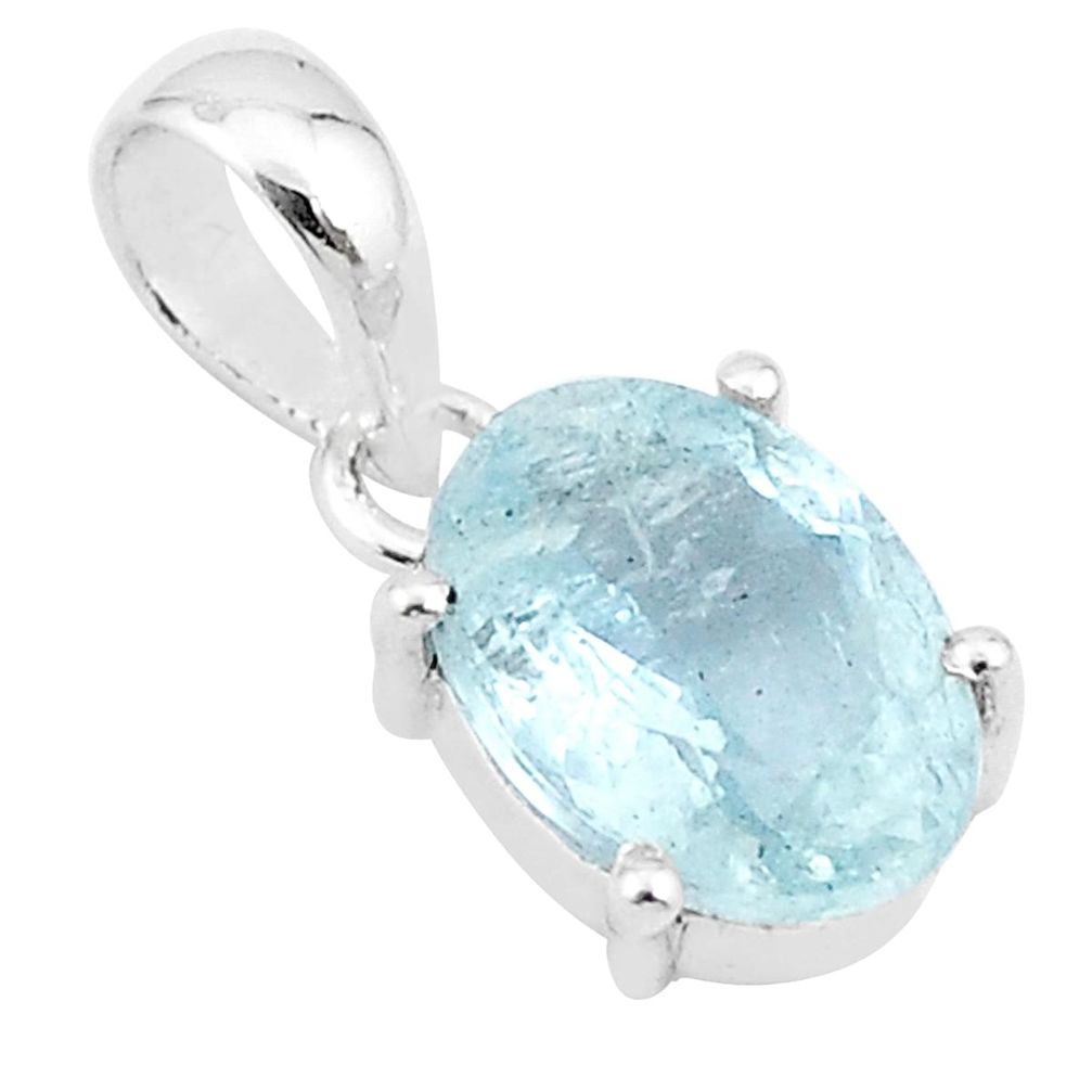 925 sterling silver 4.44cts faceted blue aquamarine oval pendant jewelry u25807