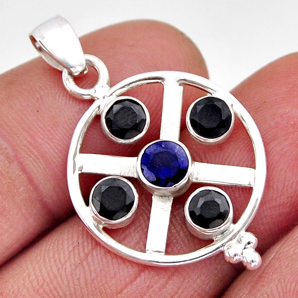925 sterling silver 2.72cts faceted natural blue iolite onyx pendant y61073