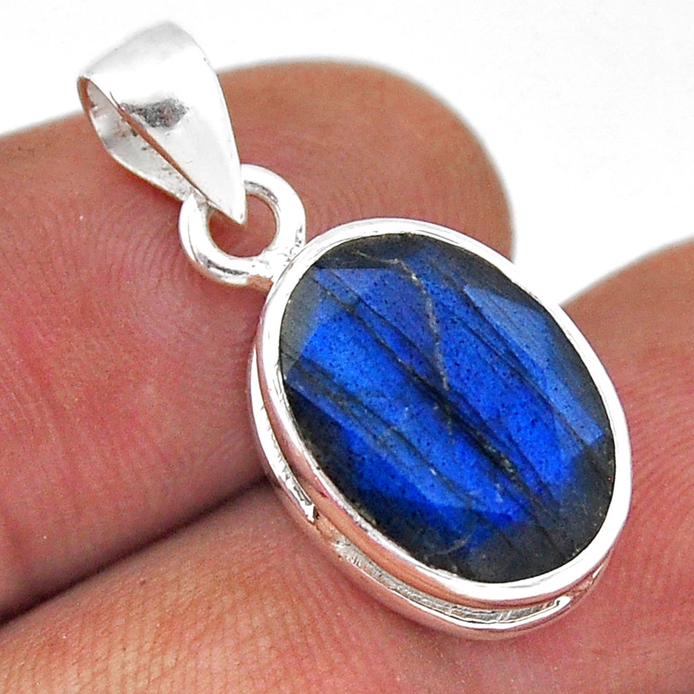 925 sterling silver 5.05cts faceted natural blue labradorite oval pendant n40683