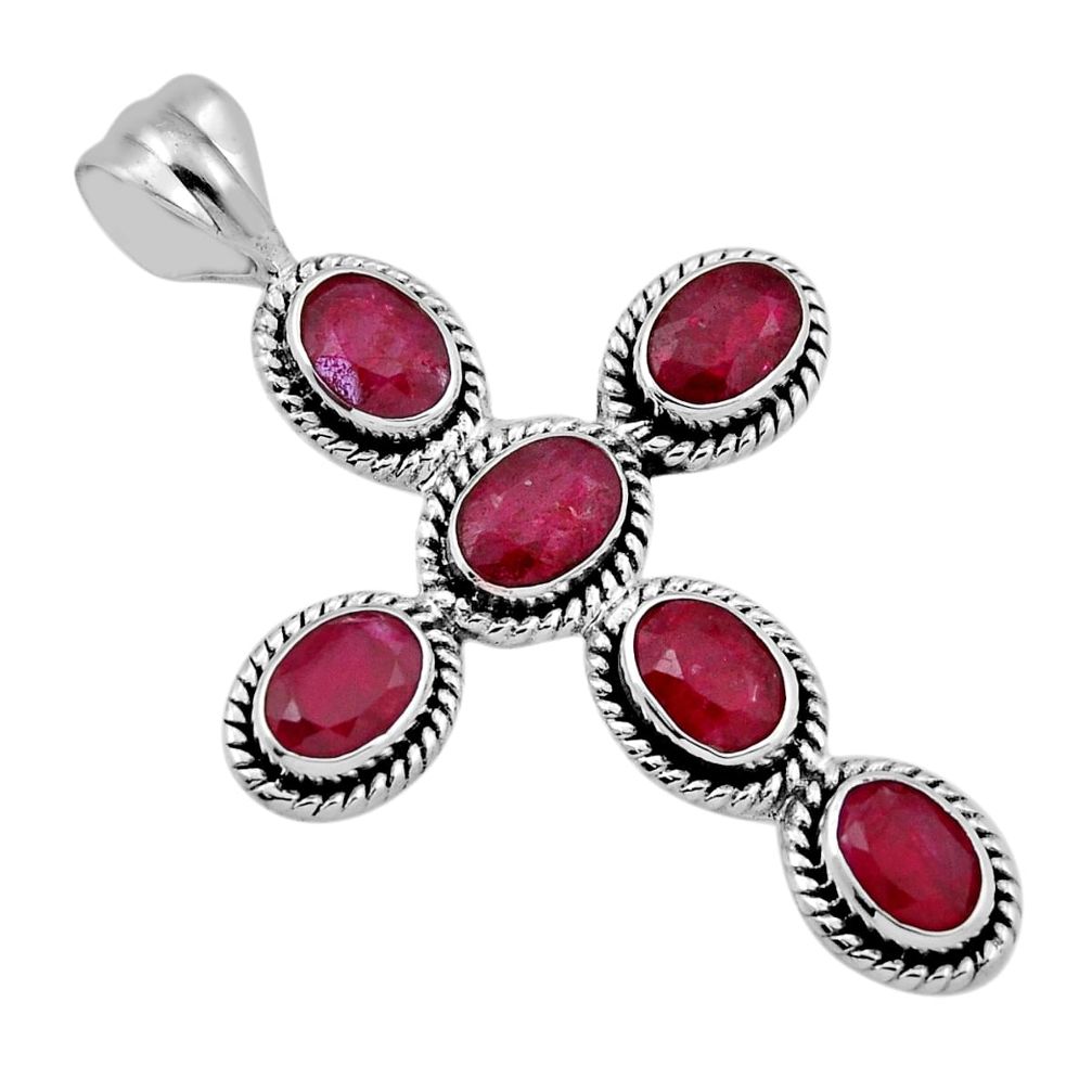 925 sterling silver 8.98cts faceted natural red ruby holy cross pendant n44952
