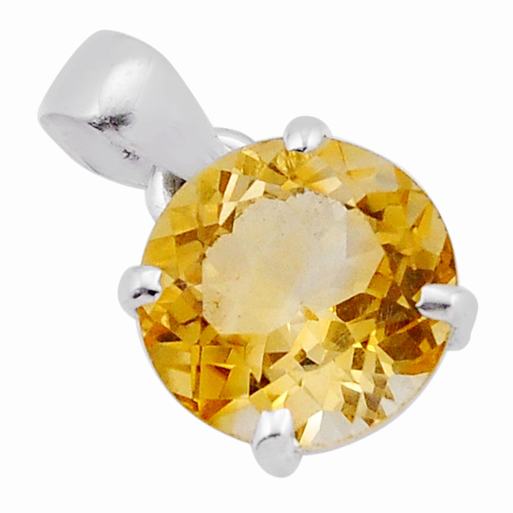 925 sterling silver 5.88cts faceted natural yellow citrine round pendant n42589
