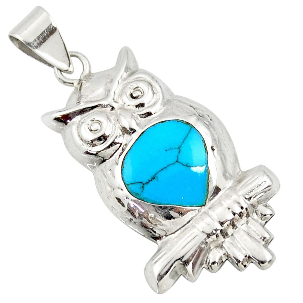 925 sterling silver 2.69gms fine blue turquoise enamel owl pendant c26354