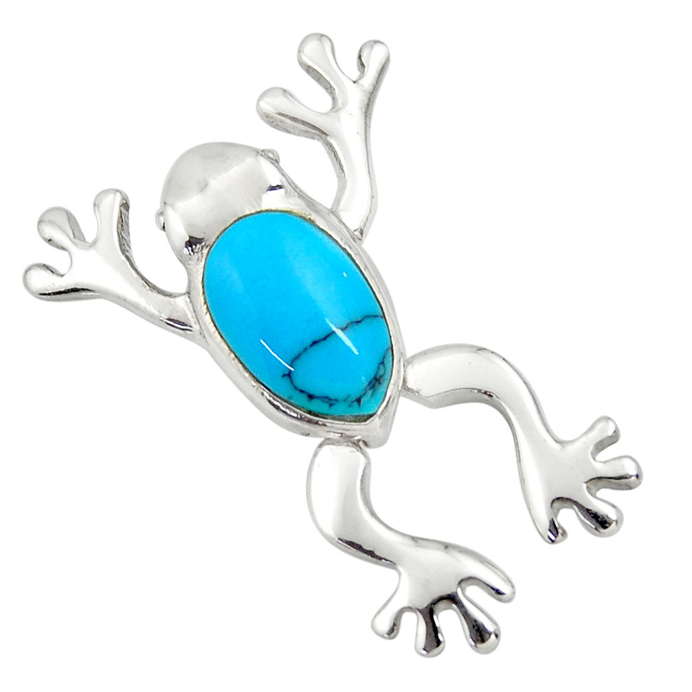 LAB 925 sterling silver 3.82cts fine blue turquoise frog charm pendant c26344