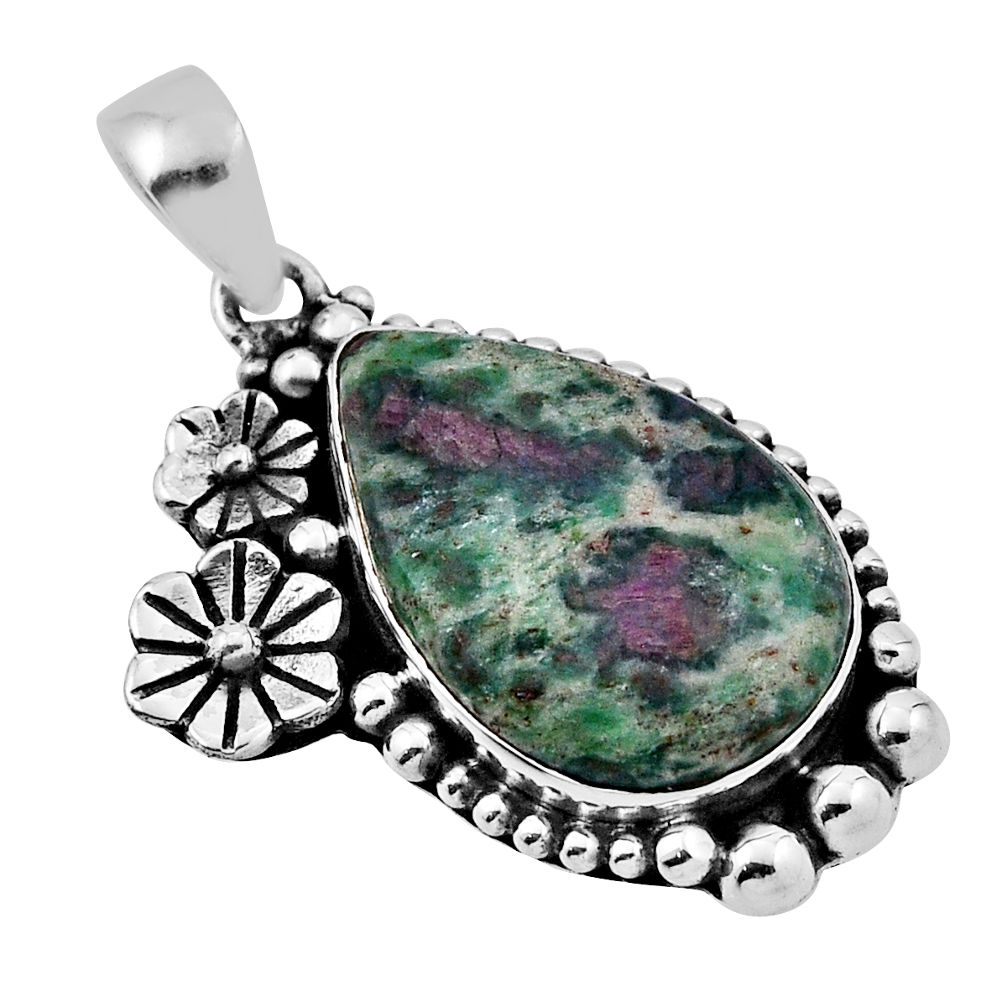 925 sterling silver 14.53cts flower natural pink ruby in fuchsite pendant n34026