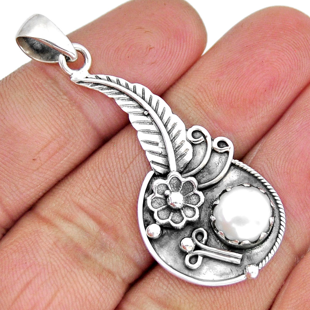 925 sterling silver 3.39cts flower with leaf natural white pearl pendant y8571